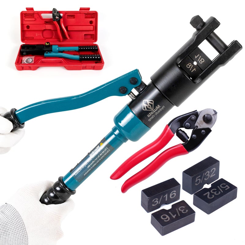 Muzata Upgraded Custom Cable Railing Crimping Tool Hydraulic Crimper Hydraulic Crimping Tool for 1/8" 5/32" 3/16" Stainless Steel Cable Railing Kit Wire Rope Swaging Kit with Wire Cutter CT01 - Image 1